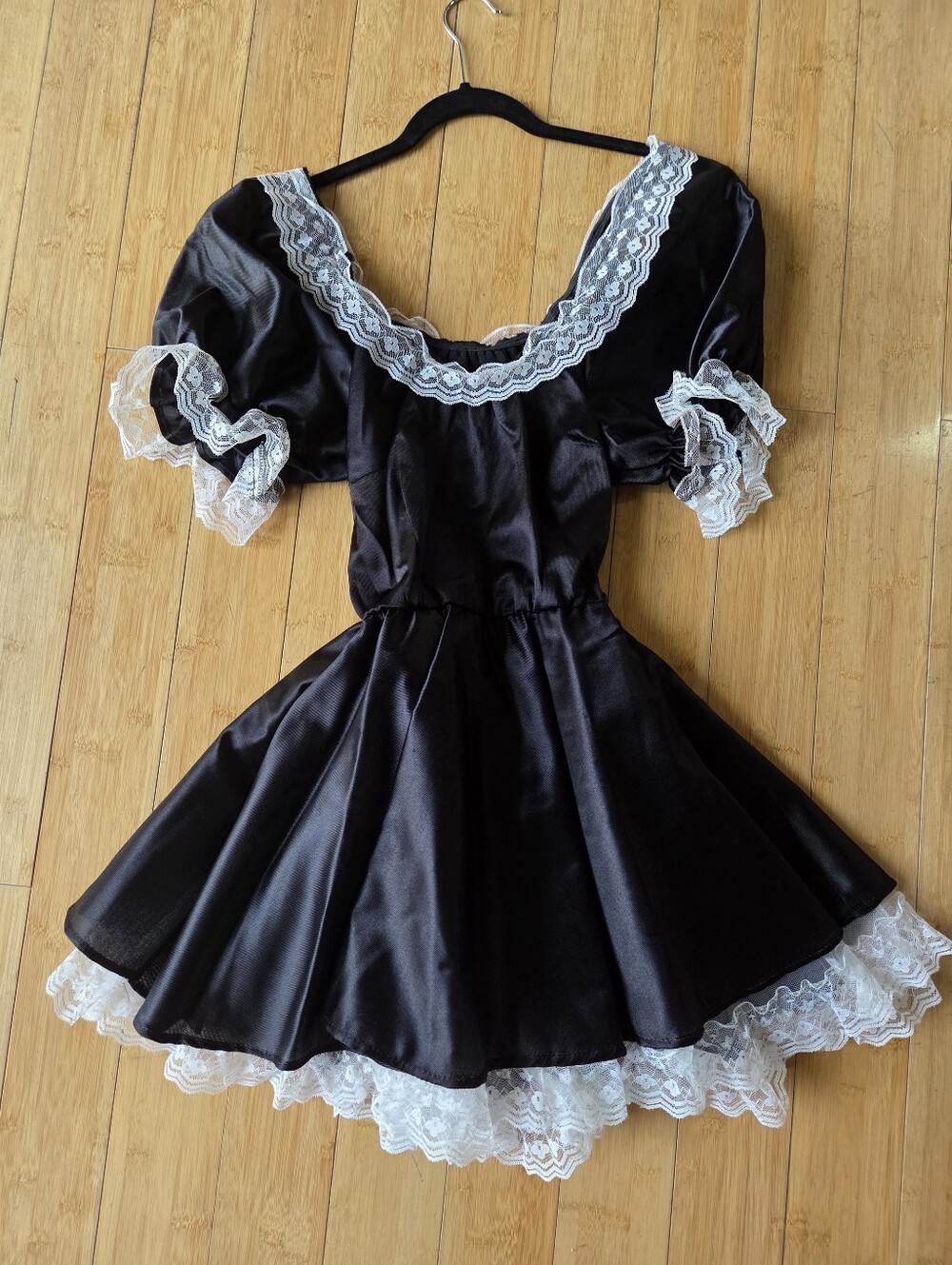 French Maid Black Lace-Trim Satin Babydoll Dress Halloween Costume